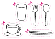 【レストランぬりえ】コップ、コーヒーカップ、フォーク、スプーン、箸